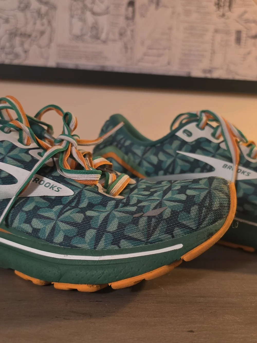 Brooks Green Lucky Patterned Running Shoes with Orange Accents - Picture 2 of 6